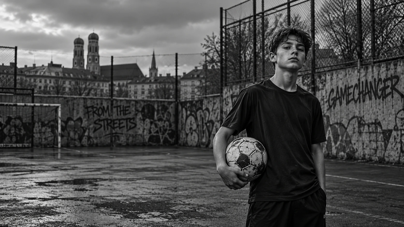 Selbstbewusster junger Fußballer mit Ball vor einer Graffiti-Wand auf einem Münchner Street-Football-Platz